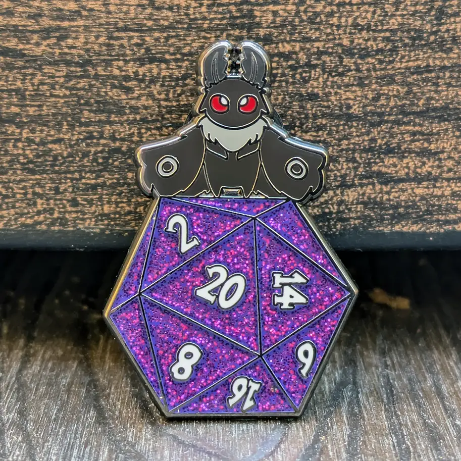 Mothman on Glitter D20 Hard Enamel Pin -1.5"