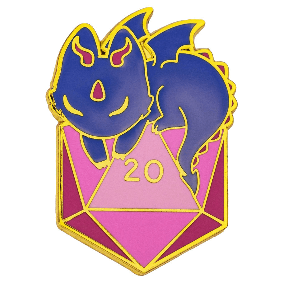 Enamel Pin - Quest's Reward: Dragon with D20 - The Feisty Goblin Gamehouse -