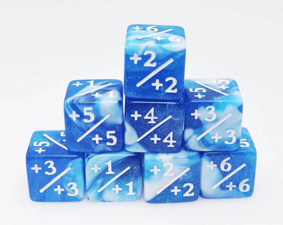 Foam Brain Games - Dice Set: +1/+1 White & Blue Glitter Counters for Magic (Set of 8) - The Feisty Goblin Gamehouse -