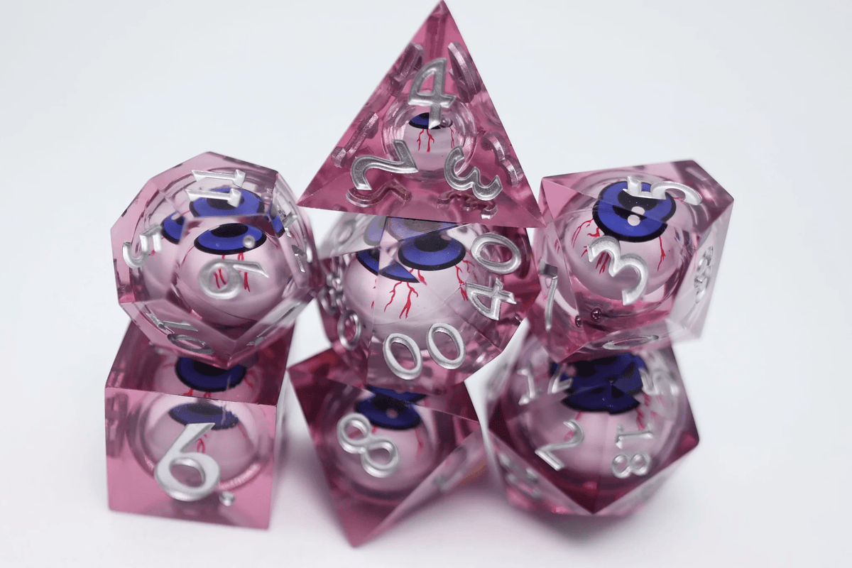 Foam Brain Games - Sharp Edge Moving Eye RPG Dice Set- Bloodshot - The Feisty Goblin Gamehouse -