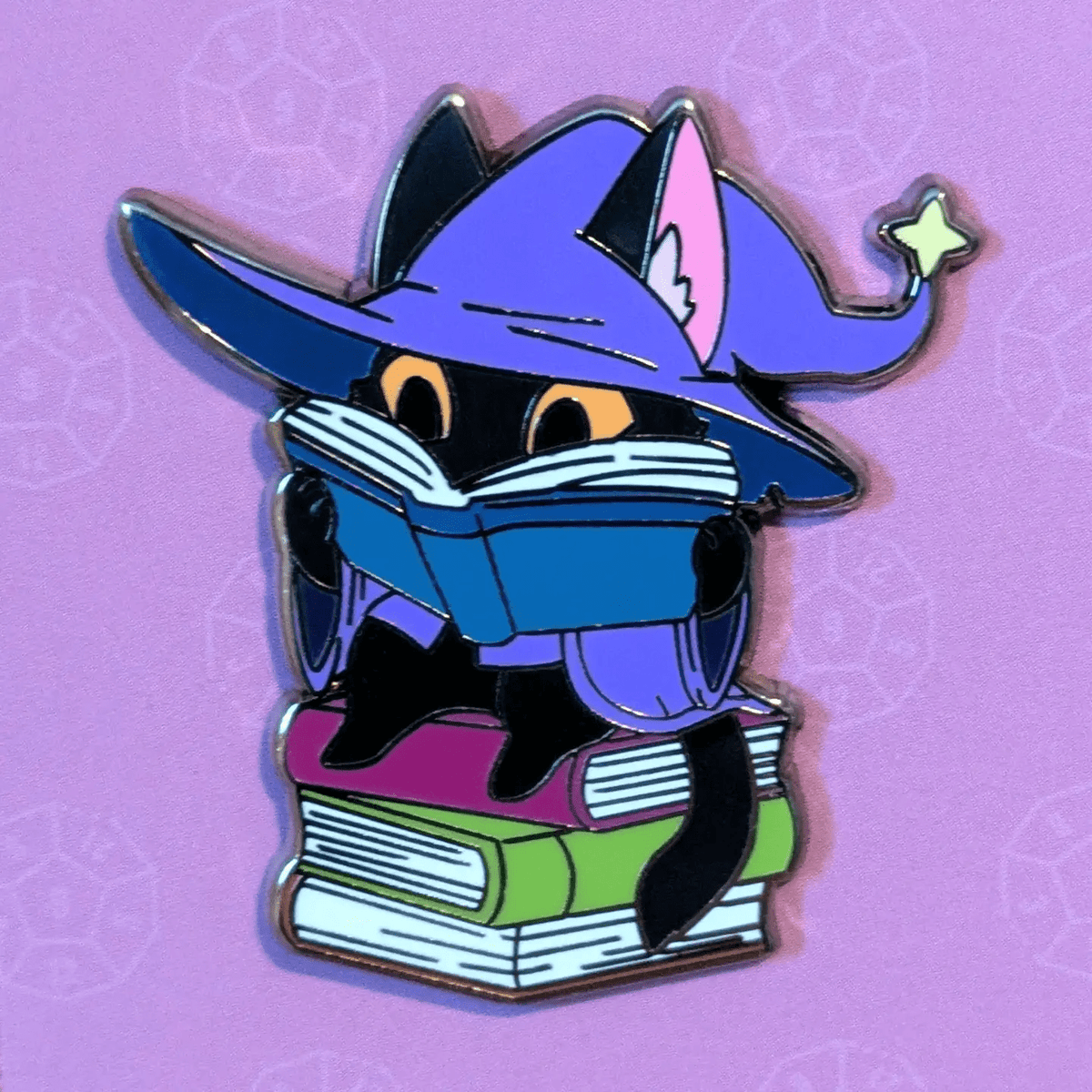 Wizard Cat on Pile of Books Hard Enamel Pin -1.5" - The Feisty Goblin Gamehouse -