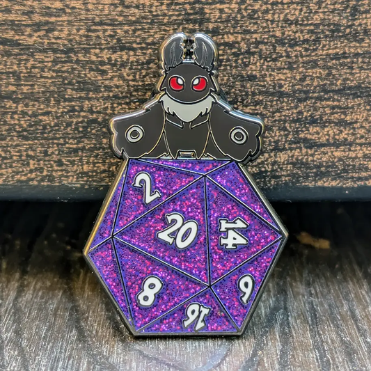 Mothman on Glitter D20 Hard Enamel Pin -1.5"
