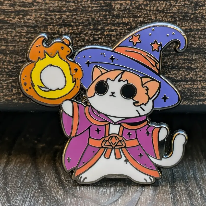 Wizard Cat Casting Fireball Hard Enamel Pin -1.5"