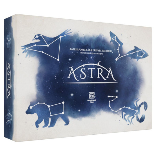 Board game box titled 'Astra' with star constellations on a blue and white background