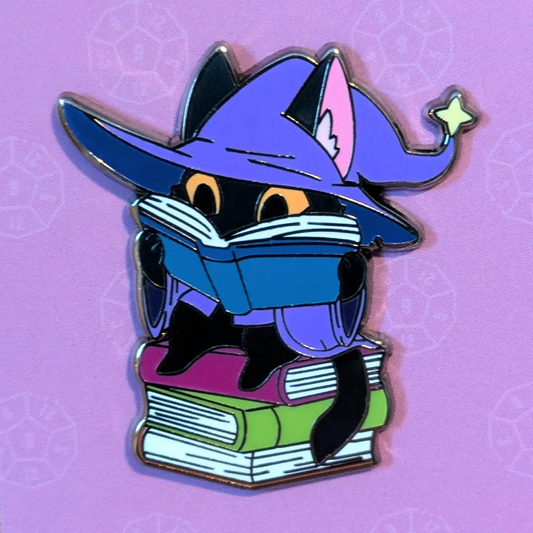 Wizard Cat on Pile of Books Hard Enamel Pin -1.5"