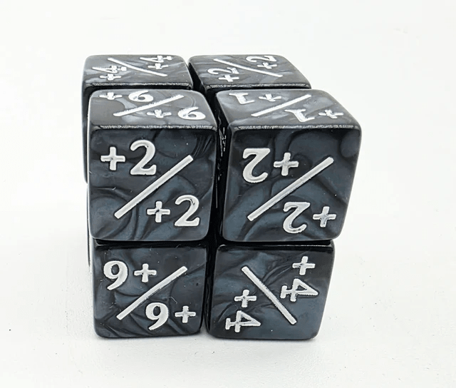 Foam Brain Games - Dice Set: +1/+1 Pearl Black Counters with White for Magic (Set of 8) - The Feisty Goblin Gamehouse -