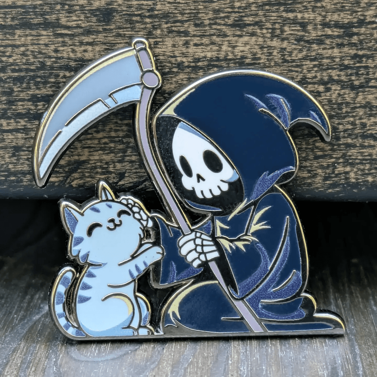 Grim Reaper Petting Cat Hard Enamel Pin -1.5" - The Feisty Goblin Gamehouse -