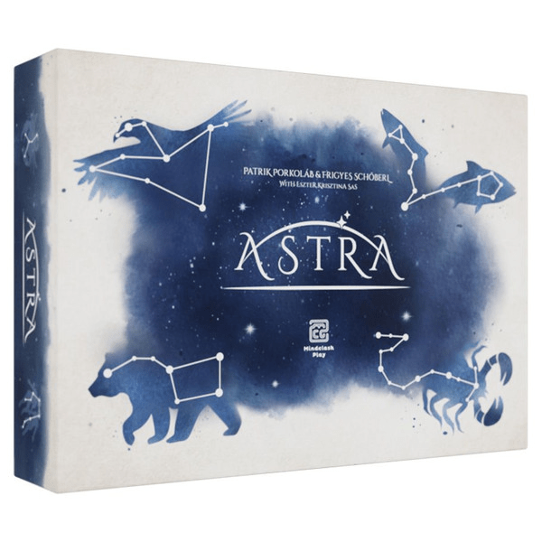 Board game box titled 'Astra' with star constellations on a blue and white background
