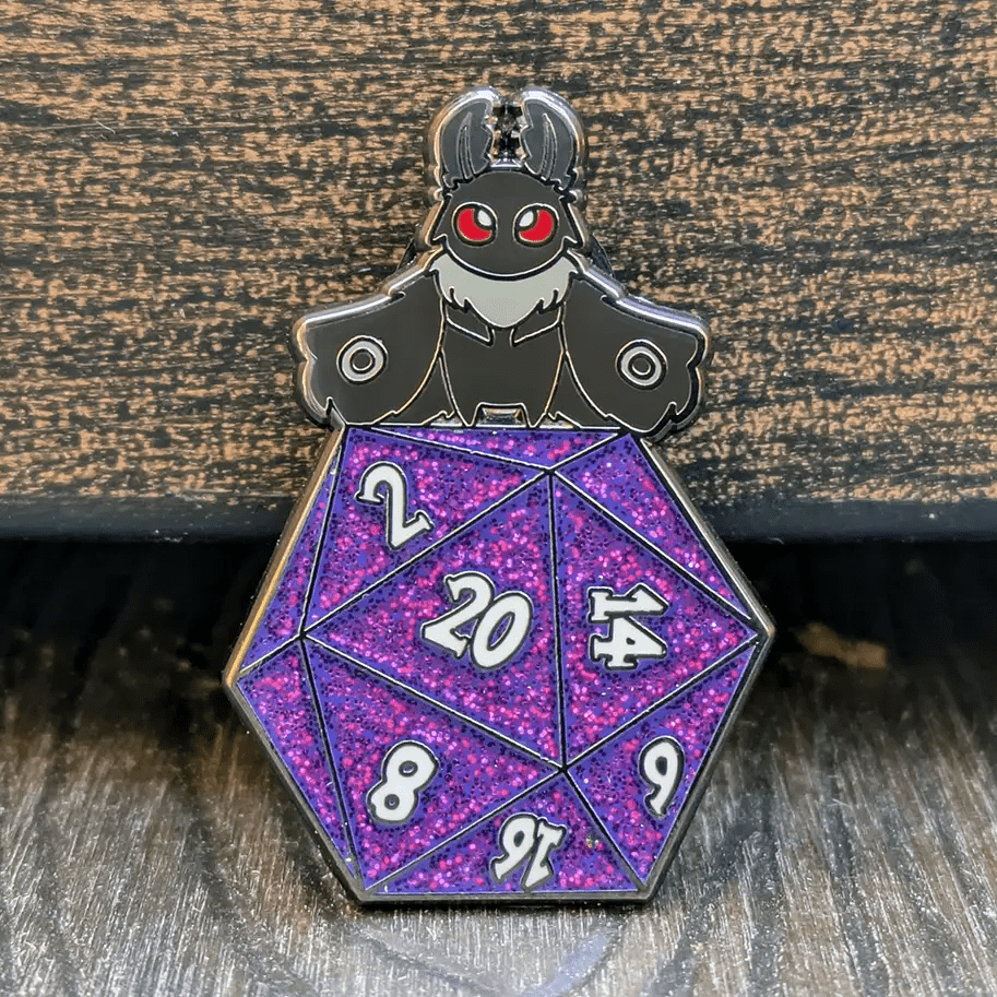 Mothman on Glitter D20 Hard Enamel Pin -1.5" - The Feisty Goblin Gamehouse -